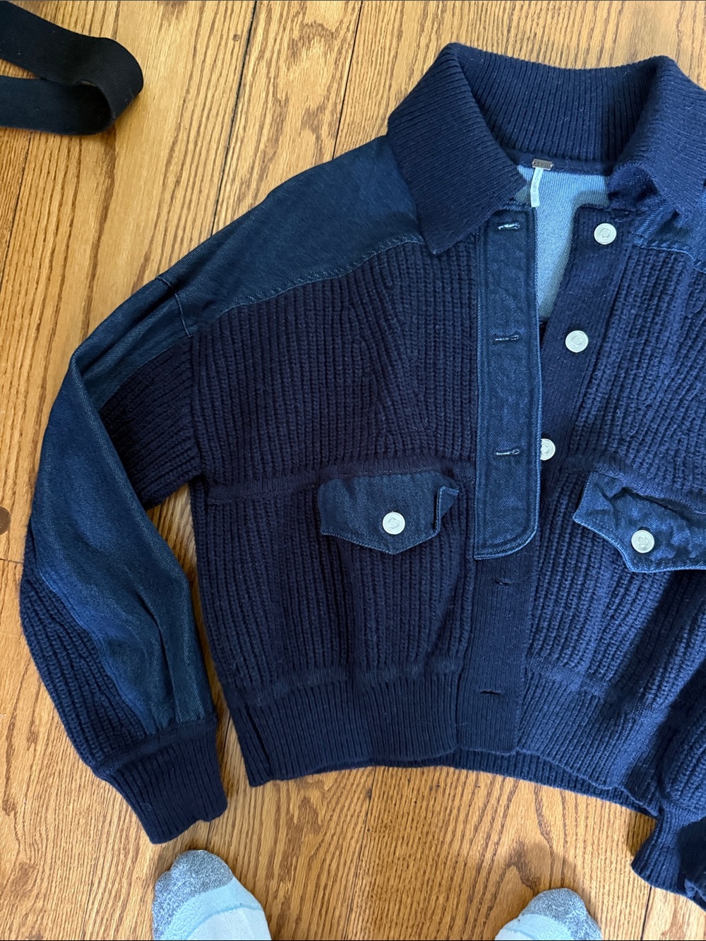 Collared Navy Ribbed Button-Front Women's Cardigan - Picture 3 of 4